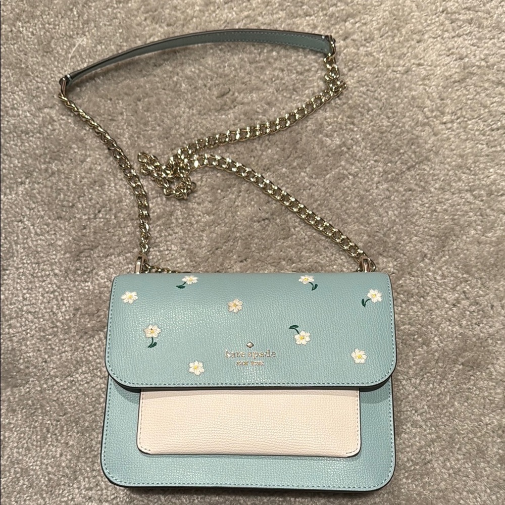 Kate Spade Blue and White Crossbody Bag with Silver Chain